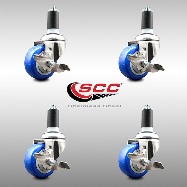 3 Inch 316SS Blue Poly Swivel 1-1/4 Inch Expanding Stem Caster Set Brake SCC